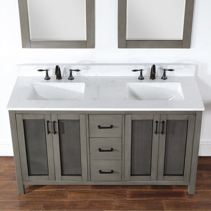 Hadiya 60" Double Bathroom Vanity Set in Gray Pine with Aosta White Engineered Stone Countertop with Mirror