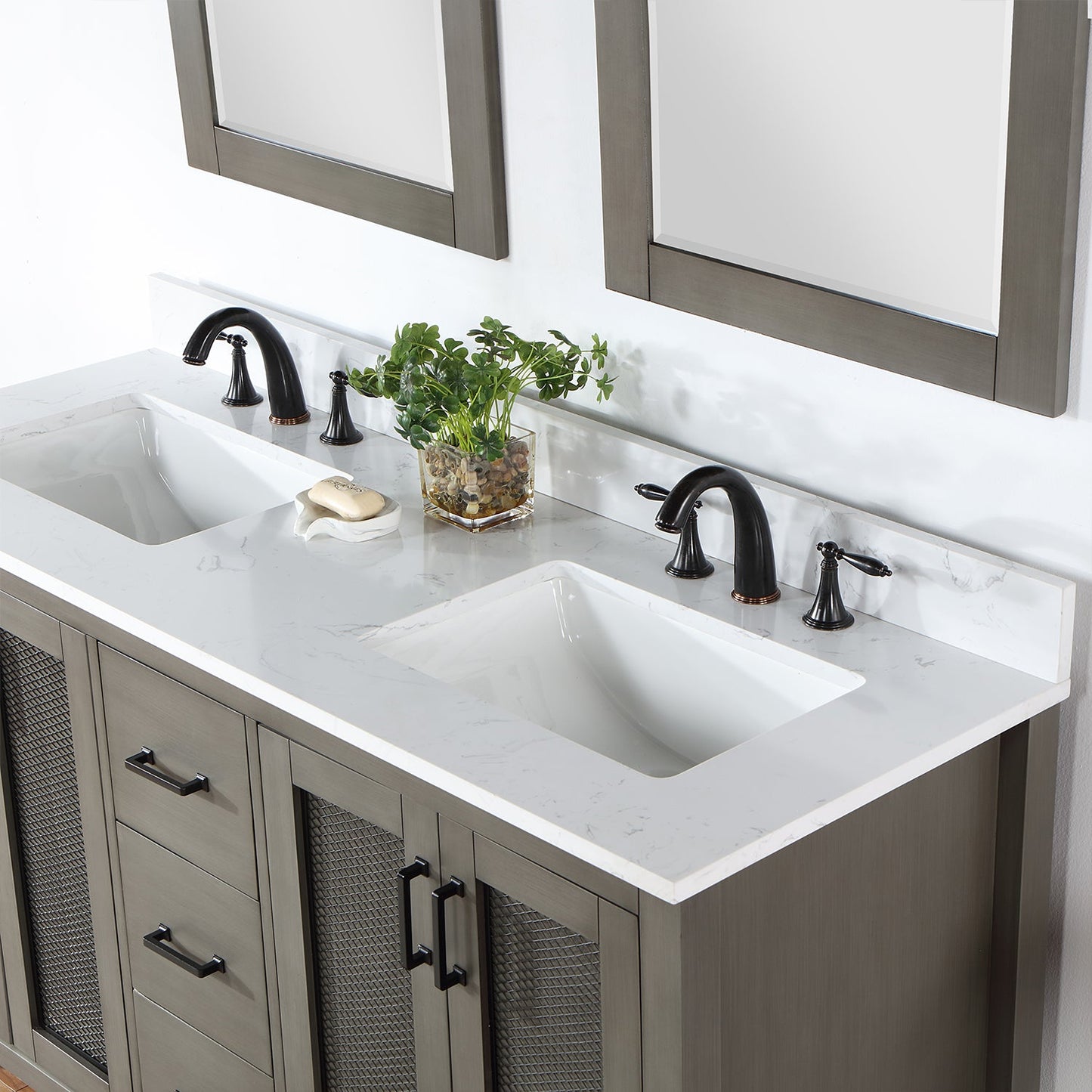 Hadiya 60" Double Bathroom Vanity Set in Gray Pine with Aosta White Engineered Stone Countertop with Mirror