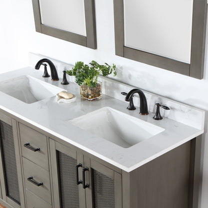 Hadiya 60" Double Bathroom Vanity Set in Gray Pine with Aosta White Engineered Stone Countertop with Mirror