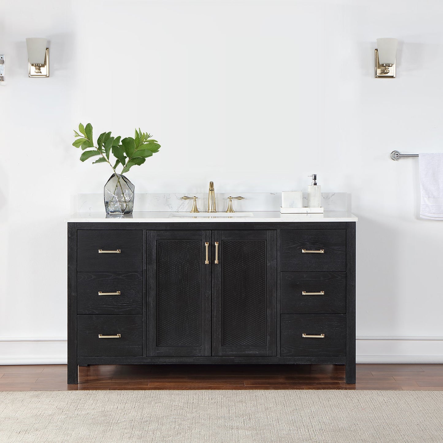 Hadiya 60" Single Bathroom Vanity Set in Black Oak with Aosta White Engineered Stone Countertop without Mirror