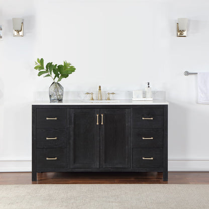 Hadiya 60" Single Bathroom Vanity Set in Black Oak with Aosta White Engineered Stone Countertop without Mirror