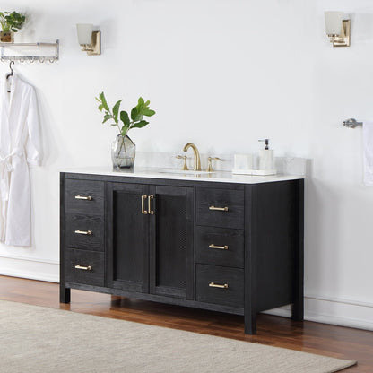 Hadiya 60" Single Bathroom Vanity Set in Black Oak with Aosta White Engineered Stone Countertop without Mirror