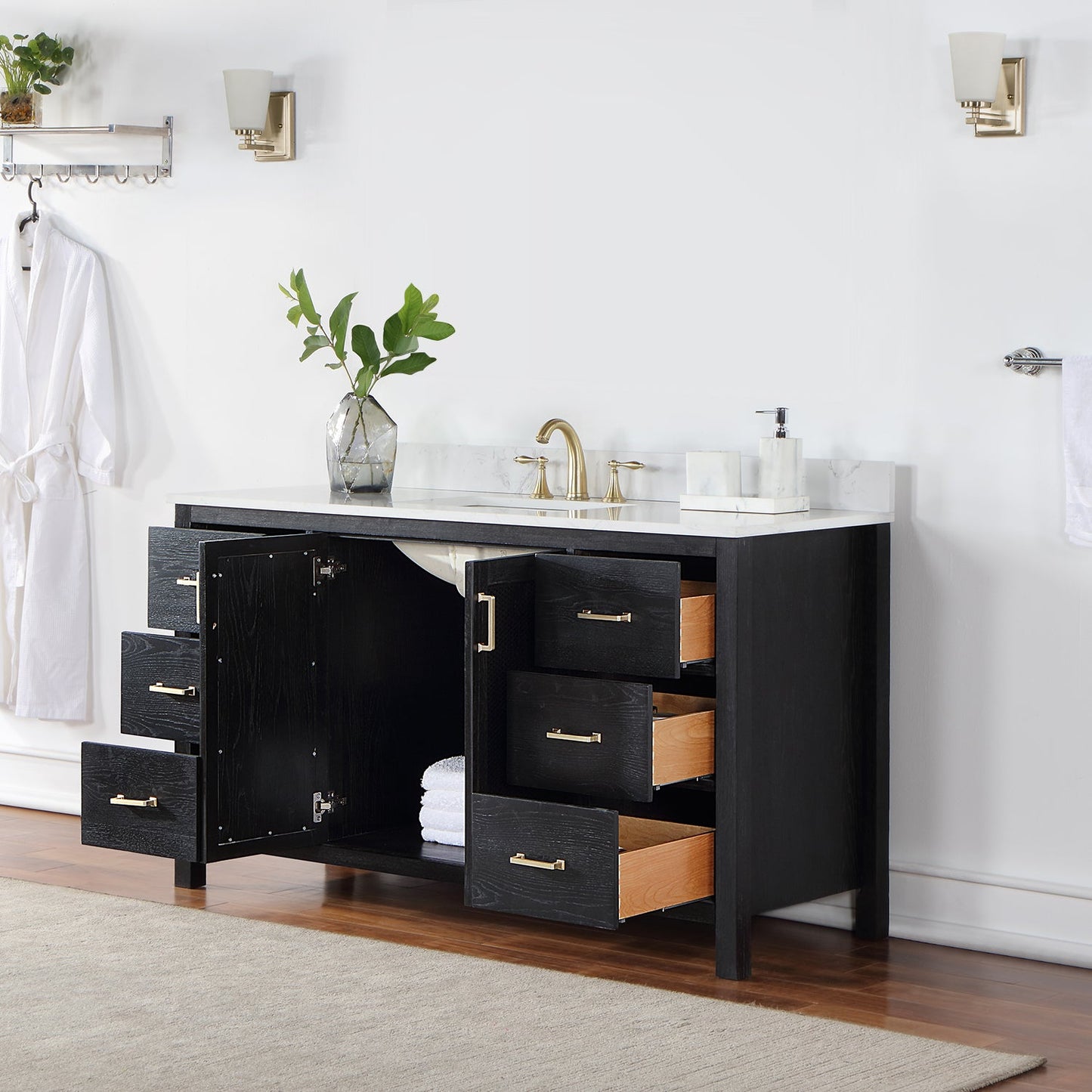 Hadiya 60" Single Bathroom Vanity Set in Black Oak with Aosta White Engineered Stone Countertop without Mirror