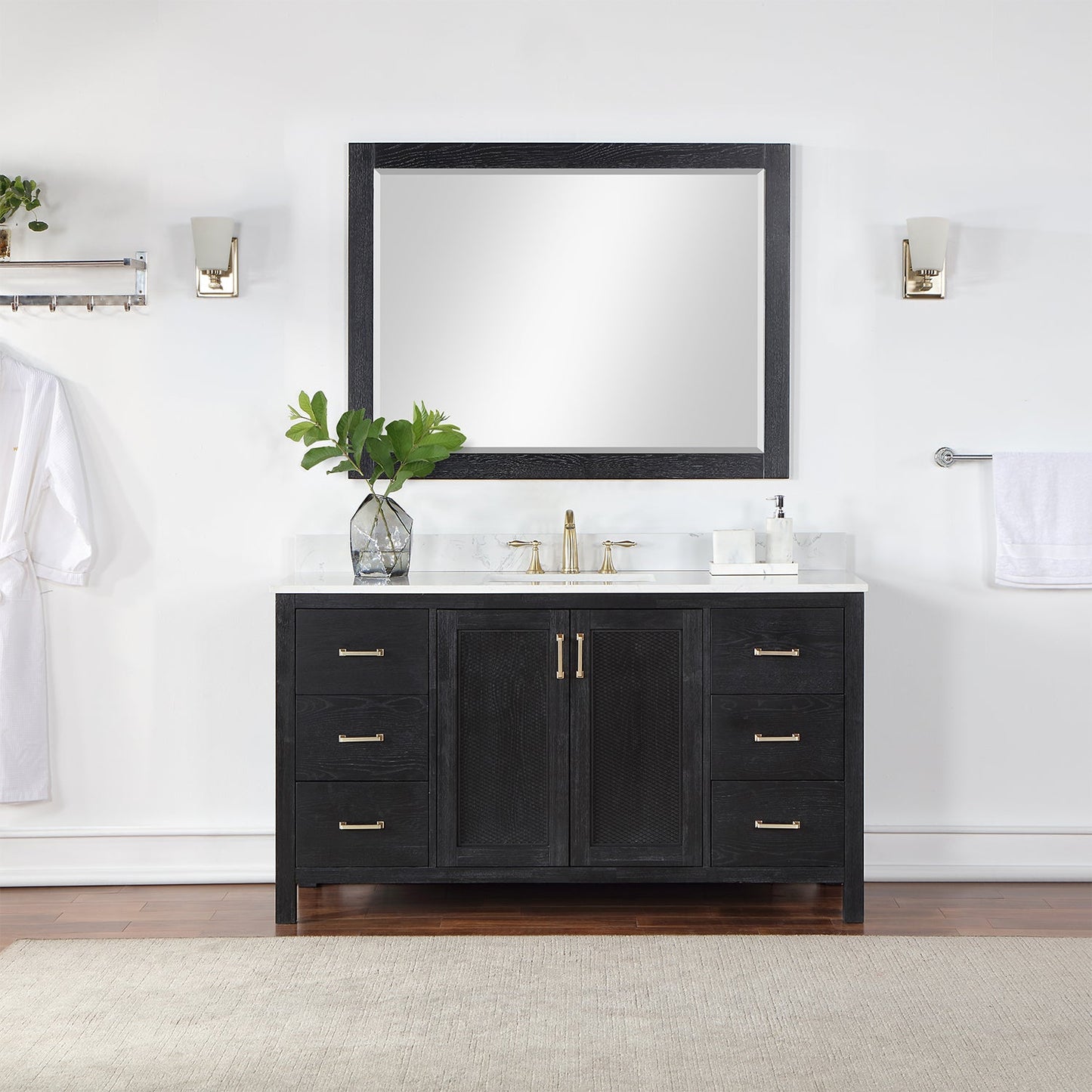 Hadiya 60" Single Bathroom Vanity Set in Black Oak with Aosta White Engineered Stone Countertop with Mirror