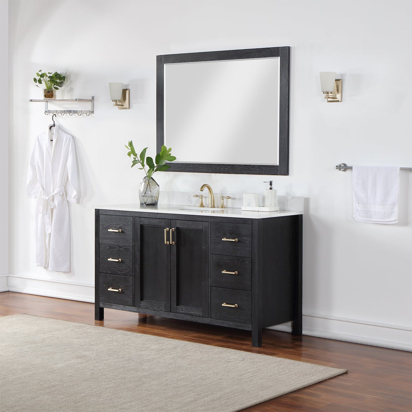 Hadiya 60" Single Bathroom Vanity Set in Black Oak with Aosta White Engineered Stone Countertop with Mirror