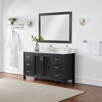 Hadiya 60" Single Bathroom Vanity Set in Black Oak with Aosta White Engineered Stone Countertop with Mirror
