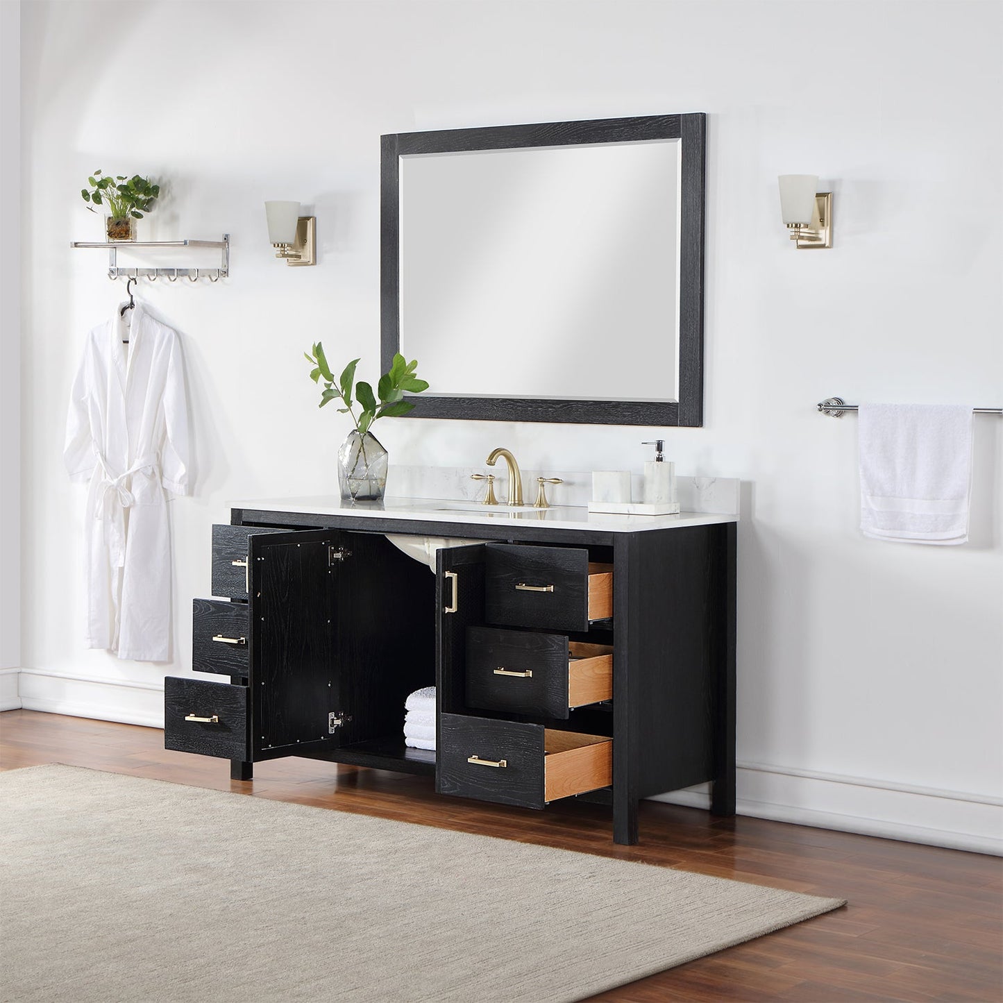 Hadiya 60" Single Bathroom Vanity Set in Black Oak with Aosta White Engineered Stone Countertop with Mirror
