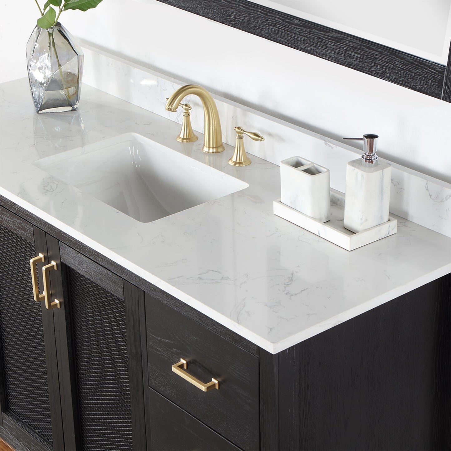 Hadiya 60" Single Bathroom Vanity Set in Black Oak with Aosta White Engineered Stone Countertop with Mirror
