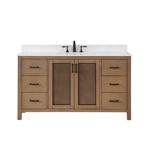 Hadiya 60" Single Bathroom Vanity Set in Brown Pine with Aosta White Engineered Stone Countertop without Mirror