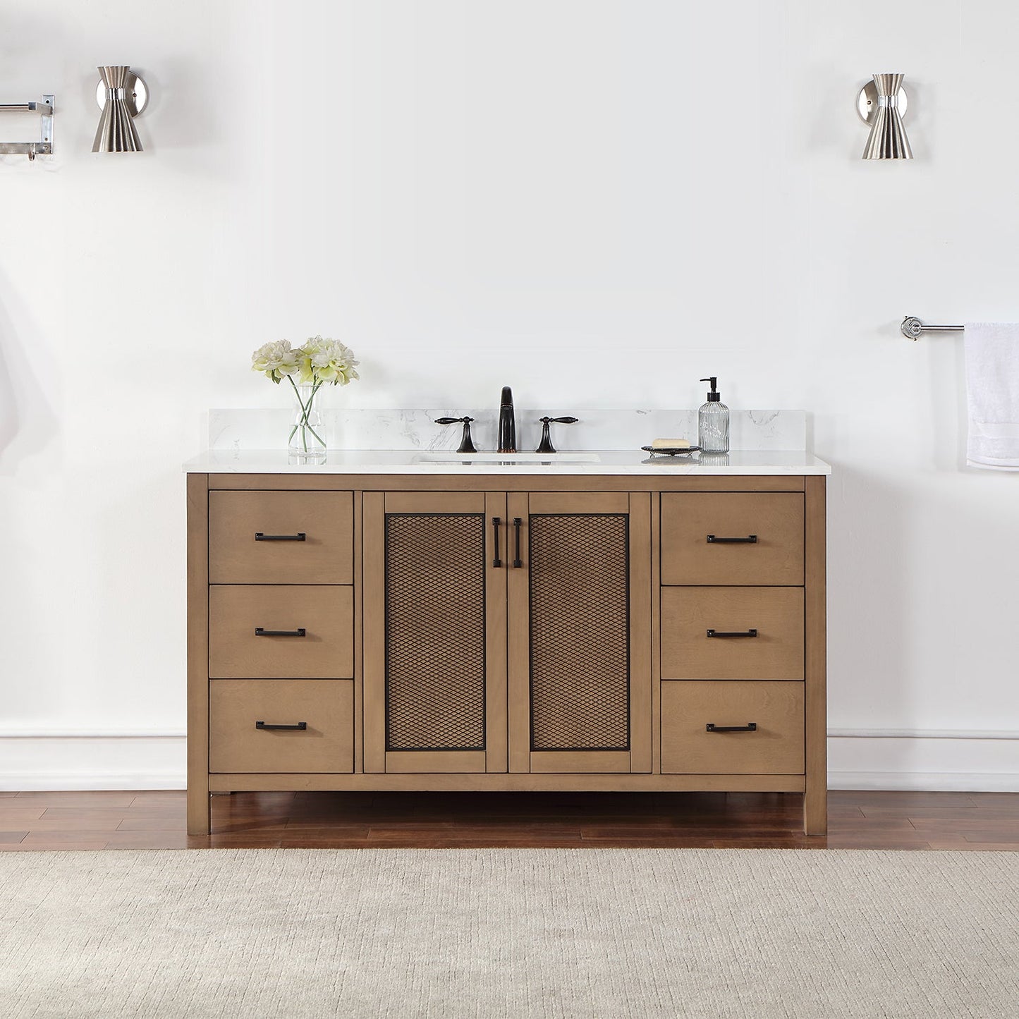 Hadiya 60" Single Bathroom Vanity Set in Brown Pine with Aosta White Engineered Stone Countertop without Mirror