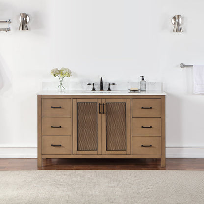 Hadiya 60" Single Bathroom Vanity Set in Brown Pine with Aosta White Engineered Stone Countertop without Mirror