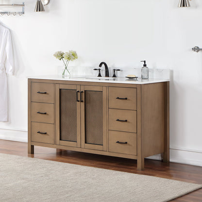 Hadiya 60" Single Bathroom Vanity Set in Brown Pine with Aosta White Engineered Stone Countertop without Mirror