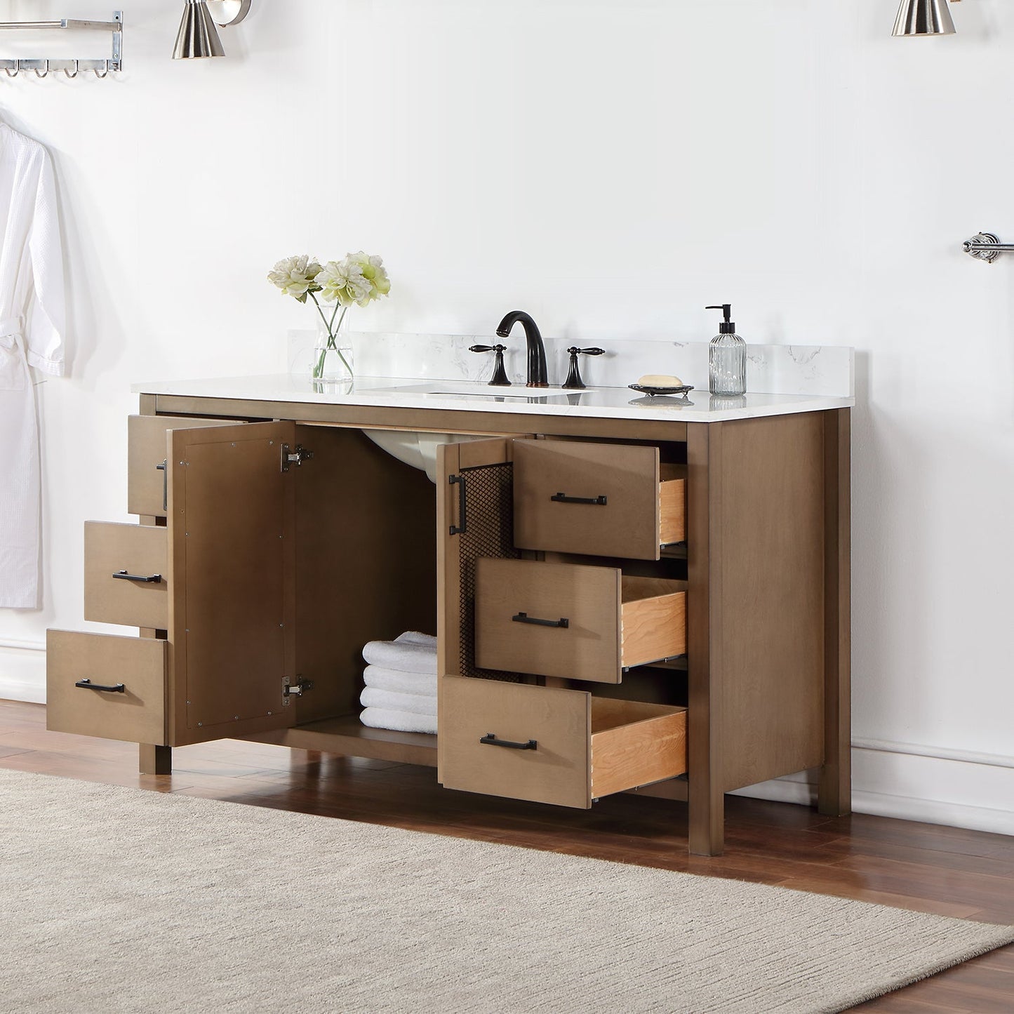 Hadiya 60" Single Bathroom Vanity Set in Brown Pine with Aosta White Engineered Stone Countertop without Mirror