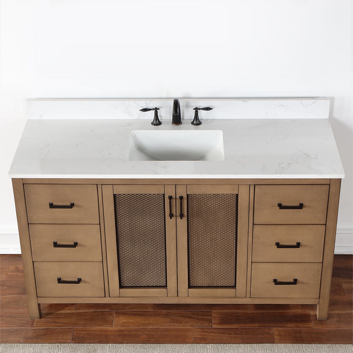 Hadiya 60" Single Bathroom Vanity Set in Brown Pine with Aosta White Engineered Stone Countertop without Mirror