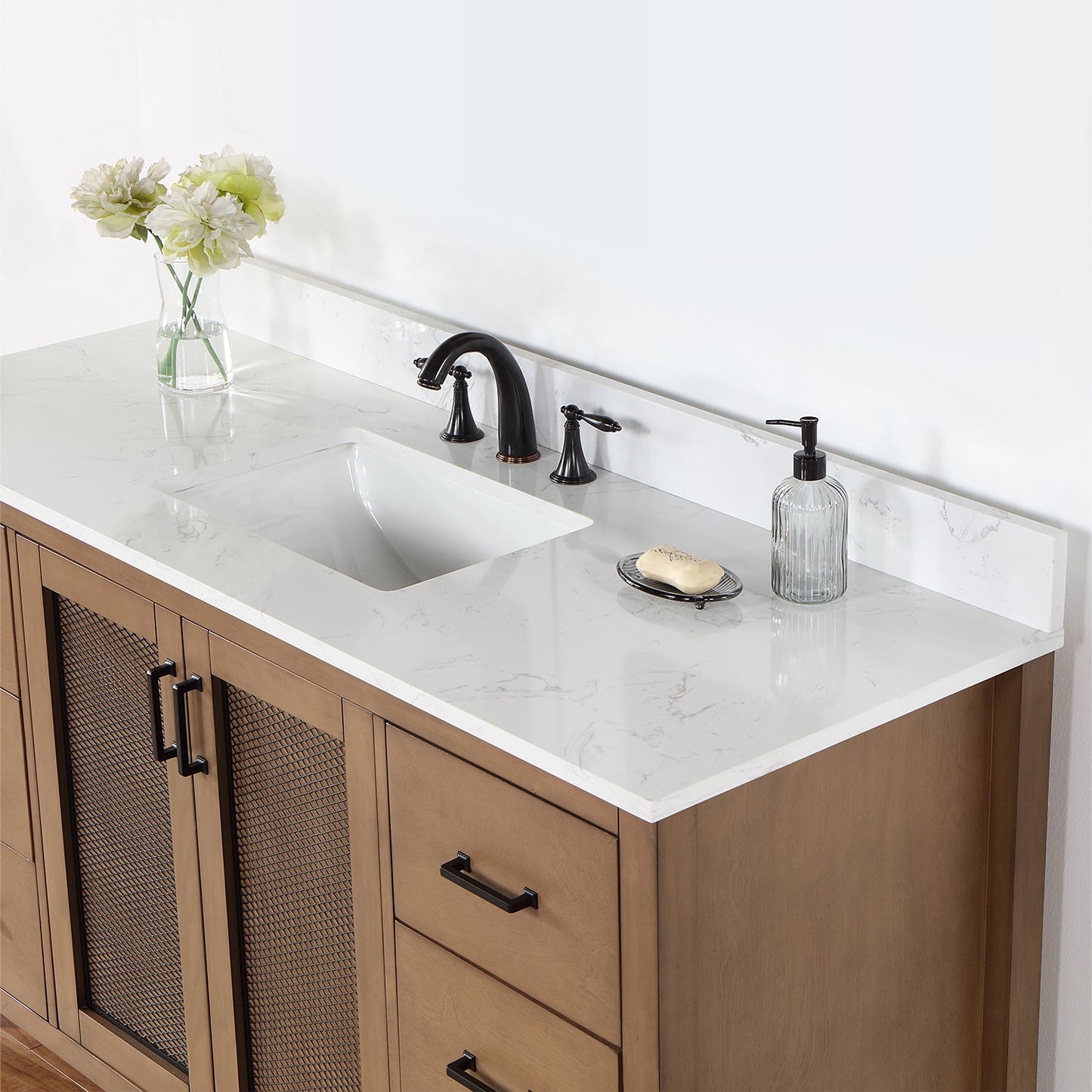 Hadiya 60" Single Bathroom Vanity Set in Brown Pine with Aosta White Engineered Stone Countertop without Mirror