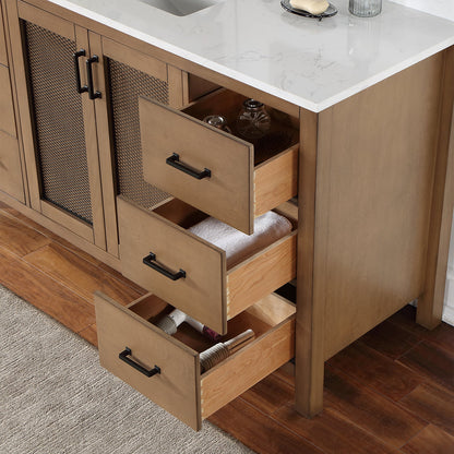 Hadiya 60" Single Bathroom Vanity Set in Brown Pine with Aosta White Engineered Stone Countertop without Mirror
