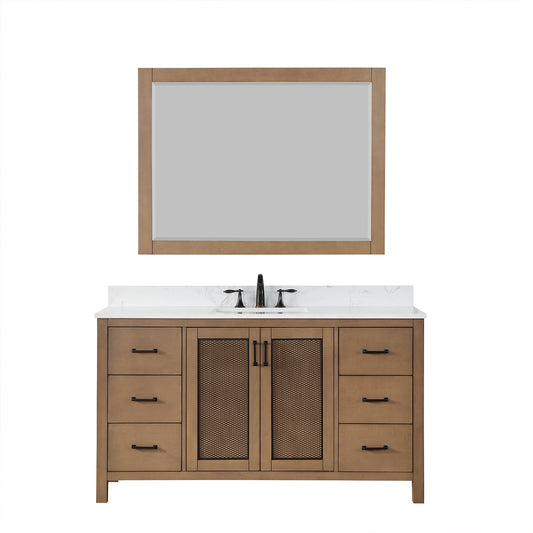 Hadiya 60" Single Bathroom Vanity Set in Brown Pine with Aosta White Engineered Stone Countertop with Mirror