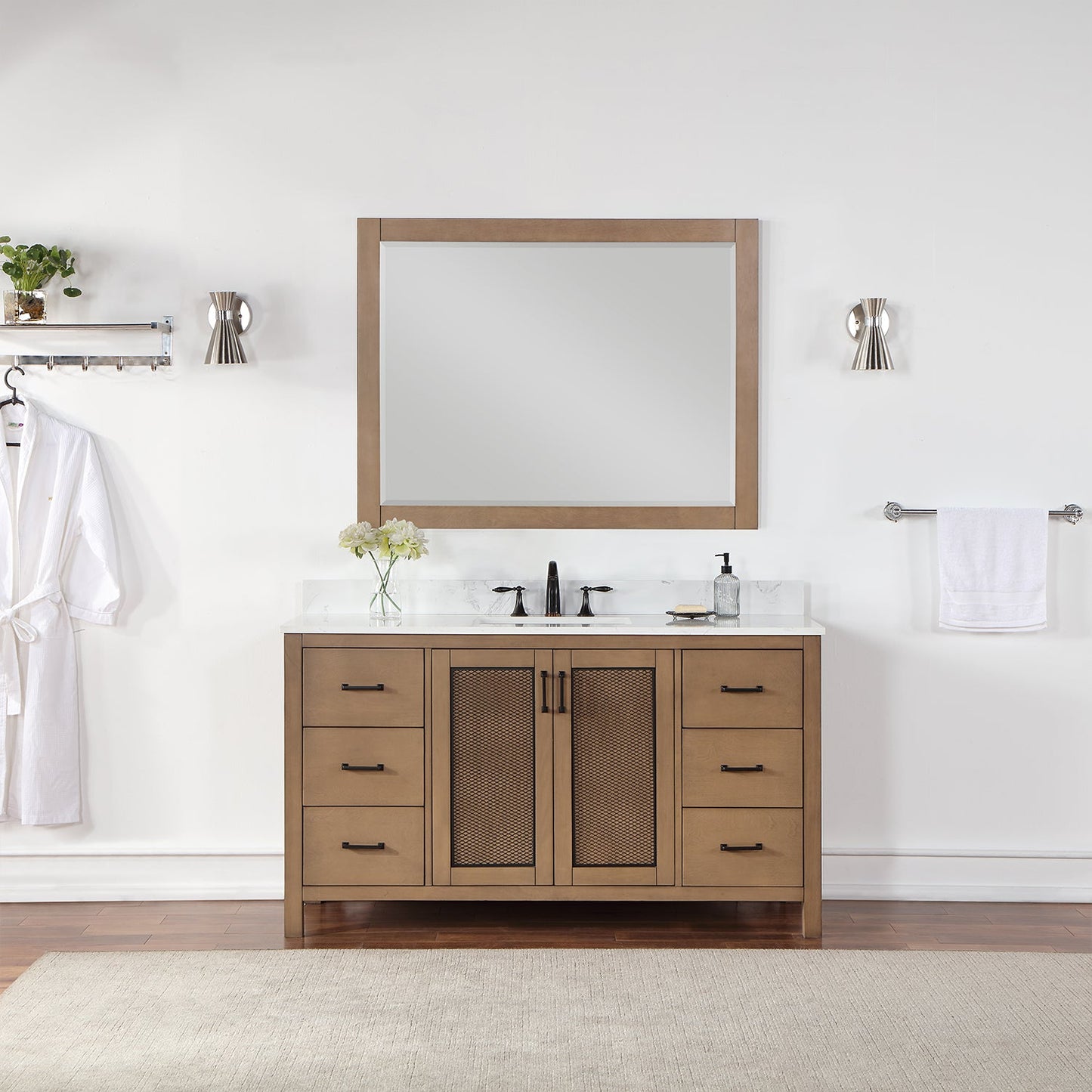 Hadiya 60" Single Bathroom Vanity Set in Brown Pine with Aosta White Engineered Stone Countertop with Mirror