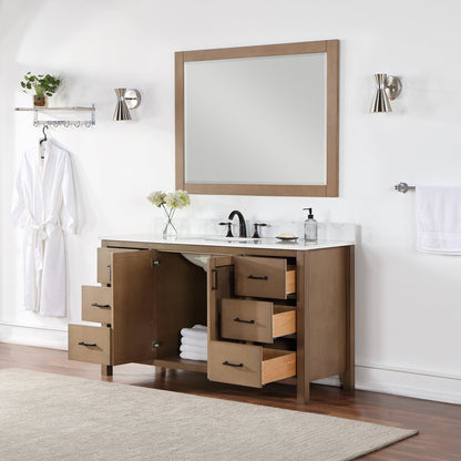 Hadiya 60" Single Bathroom Vanity Set in Brown Pine with Aosta White Engineered Stone Countertop with Mirror