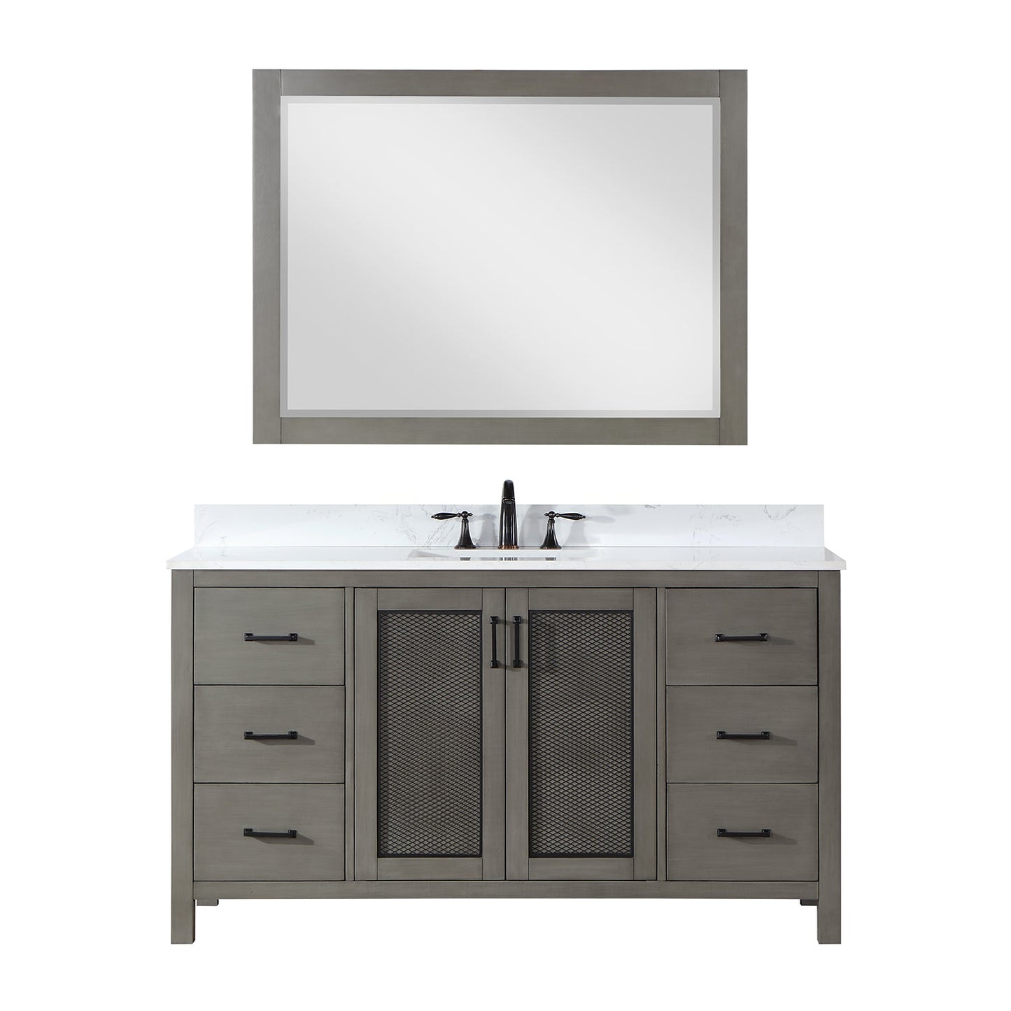 Hadiya 60" Single Bathroom Vanity Set in Gray Pine with Aosta White Engineered Stone Countertop with Mirror