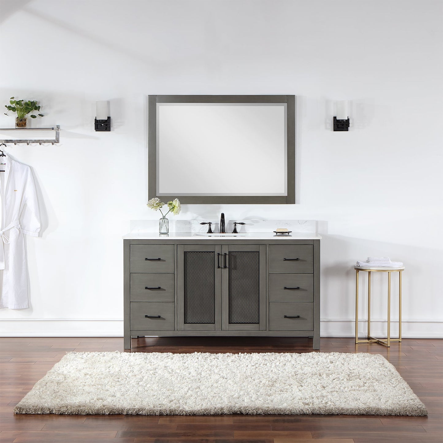Hadiya 60" Single Bathroom Vanity Set in Gray Pine with Aosta White Engineered Stone Countertop with Mirror