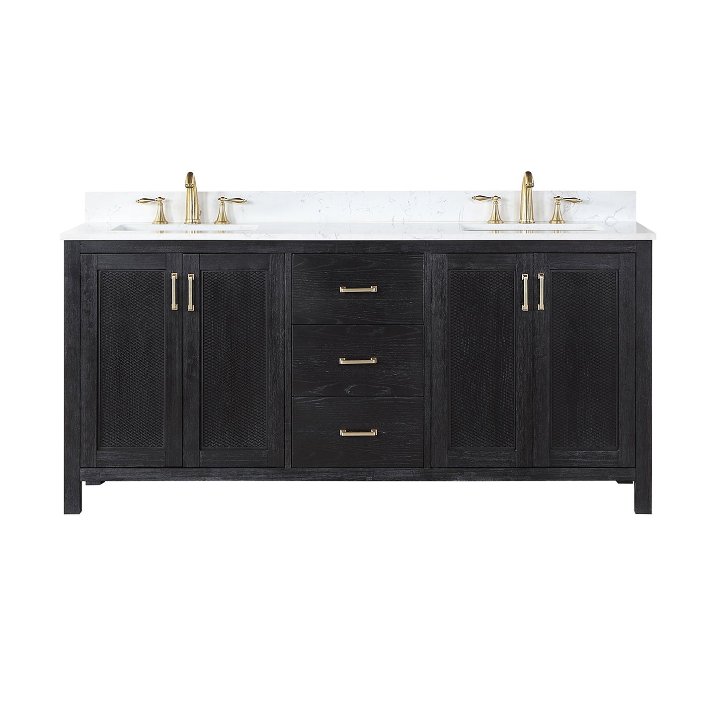 Hadiya 72" Double Bathroom Vanity Set in Black Oak with Aosta White Engineered Stone Countertop without Mirror