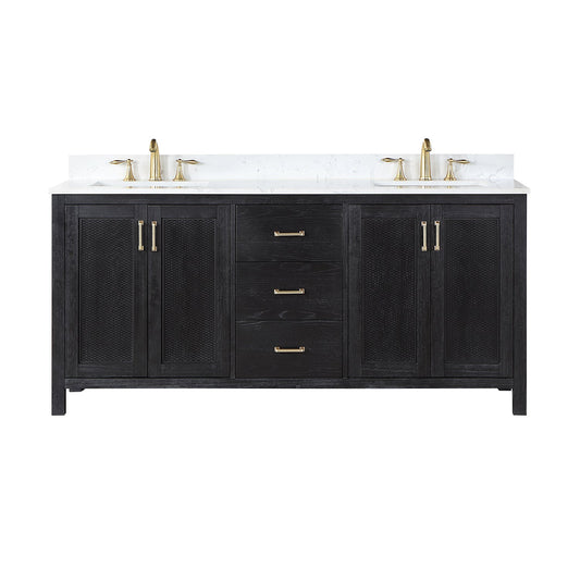 Hadiya 72" Double Bathroom Vanity Set in Black Oak with Aosta White Engineered Stone Countertop without Mirror