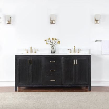 Hadiya 72" Double Bathroom Vanity Set in Black Oak with Aosta White Engineered Stone Countertop without Mirror