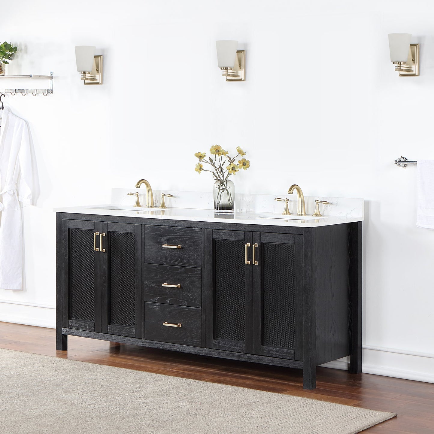 Hadiya 72" Double Bathroom Vanity Set in Black Oak with Aosta White Engineered Stone Countertop without Mirror