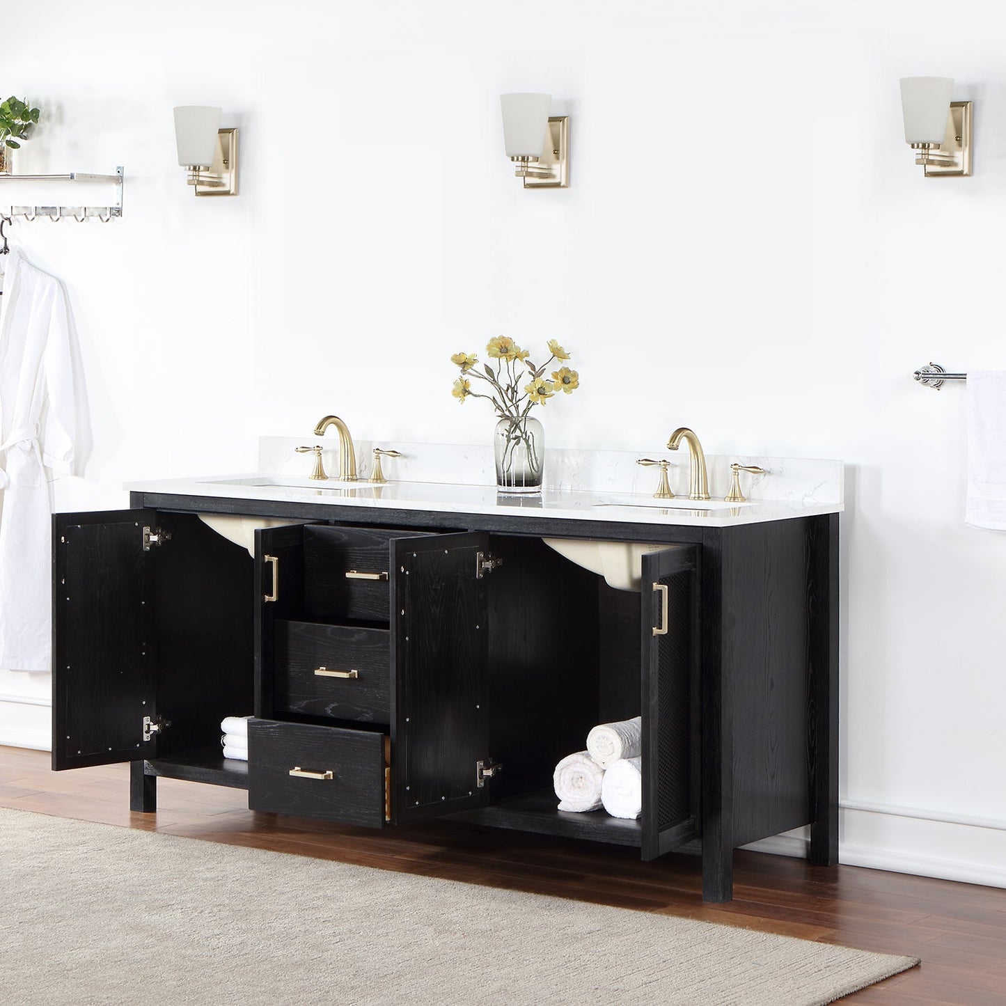 Hadiya 72" Double Bathroom Vanity Set in Black Oak with Aosta White Engineered Stone Countertop without Mirror
