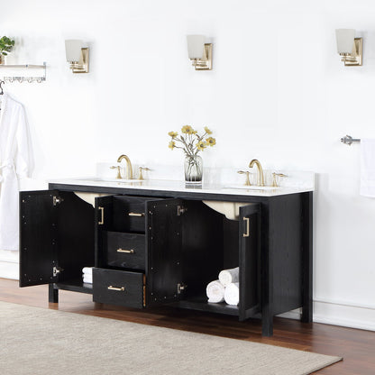 Hadiya 72" Double Bathroom Vanity Set in Black Oak with Aosta White Engineered Stone Countertop without Mirror