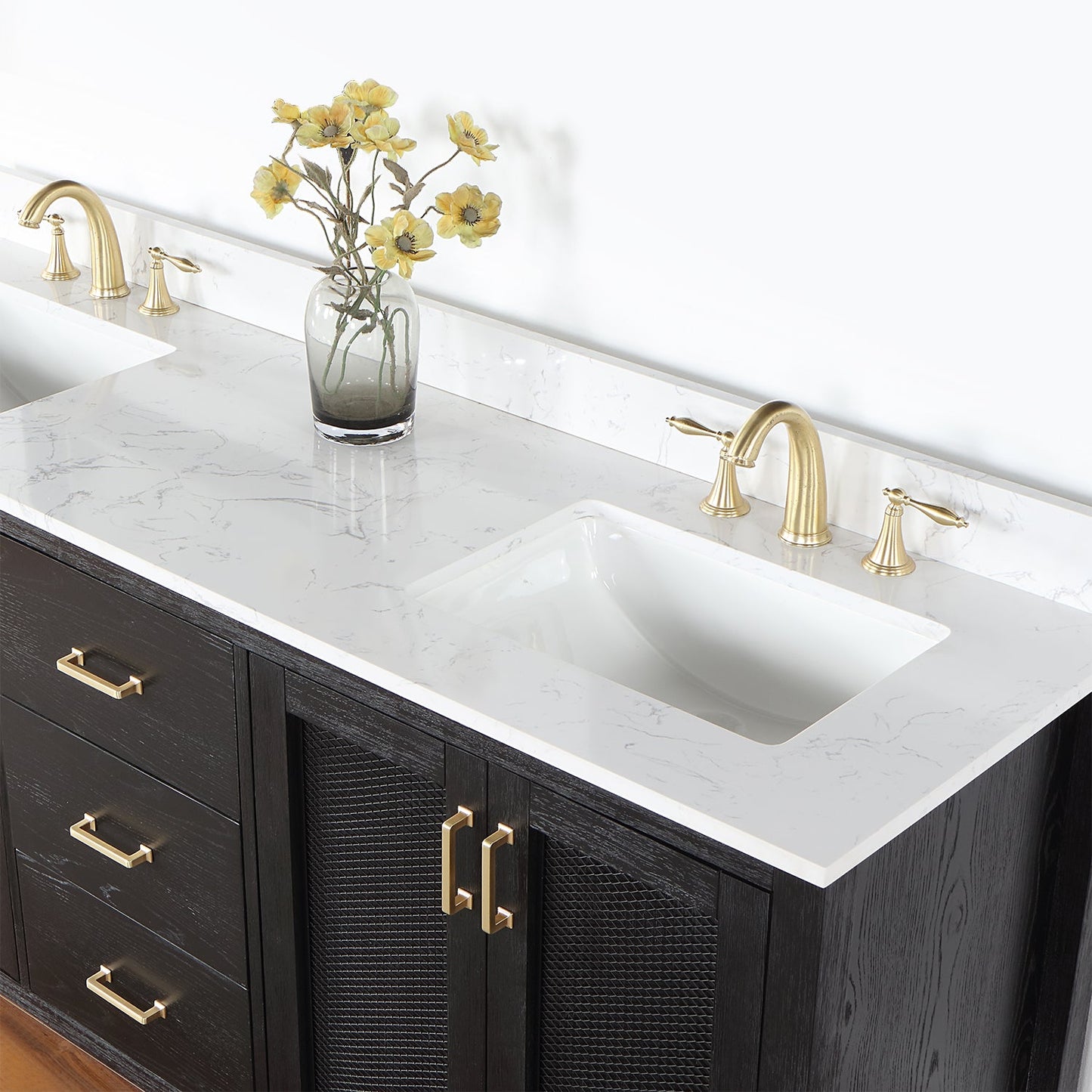 Hadiya 72" Double Bathroom Vanity Set in Black Oak with Aosta White Engineered Stone Countertop without Mirror