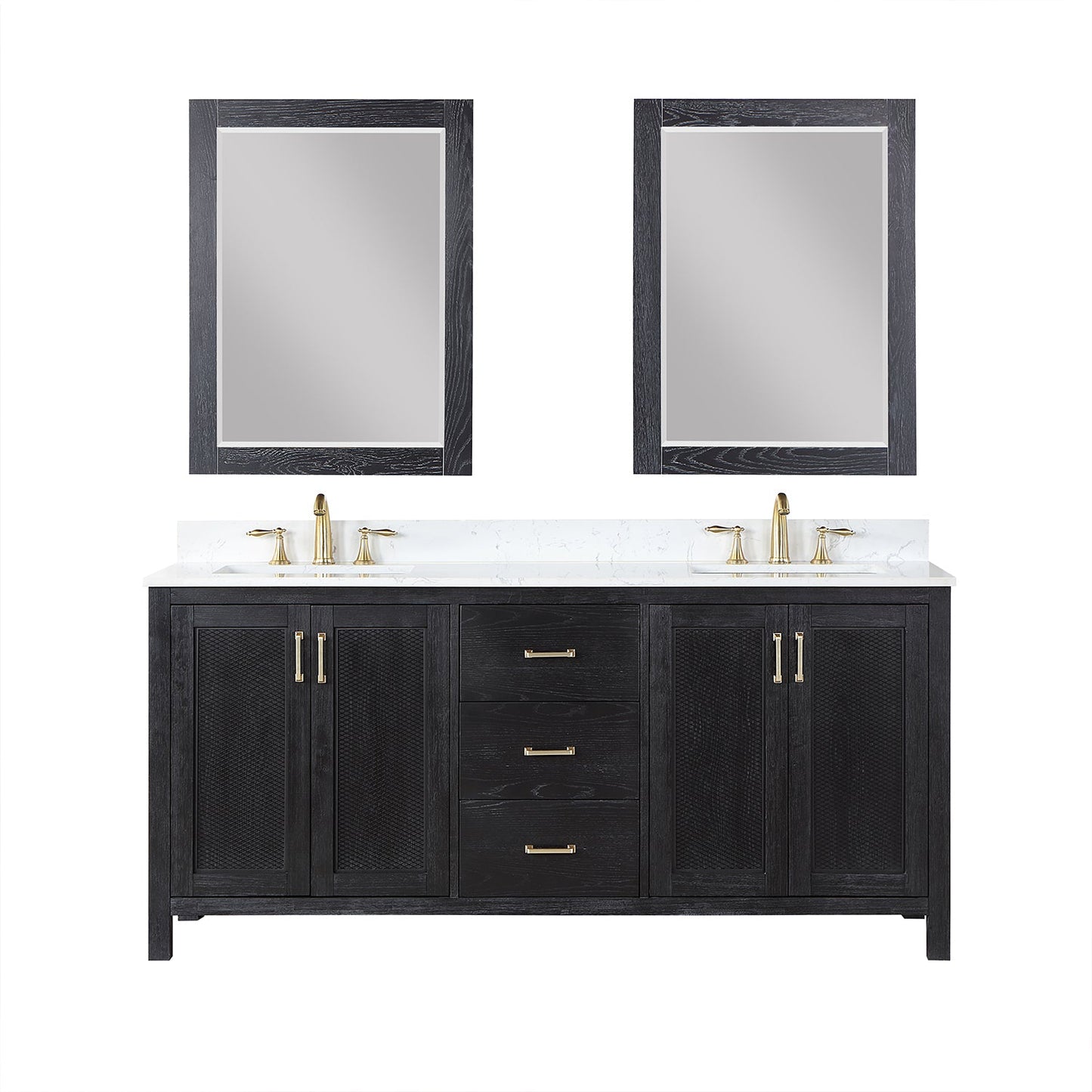 Hadiya 72" Double Bathroom Vanity Set in Black Oak with Aosta White Engineered Stone Countertop with Mirror