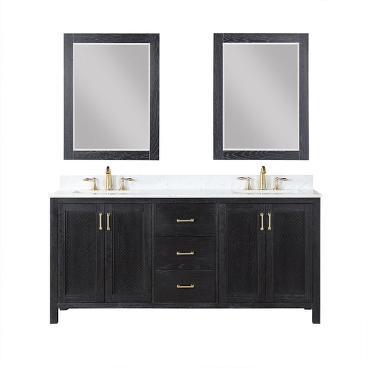 Hadiya 72" Double Bathroom Vanity Set in Black Oak with Aosta White Engineered Stone Countertop with Mirror