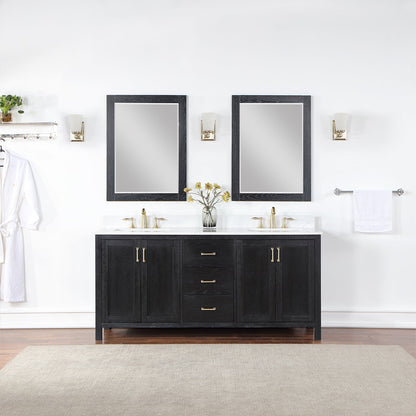 Hadiya 72" Double Bathroom Vanity Set in Black Oak with Aosta White Engineered Stone Countertop with Mirror