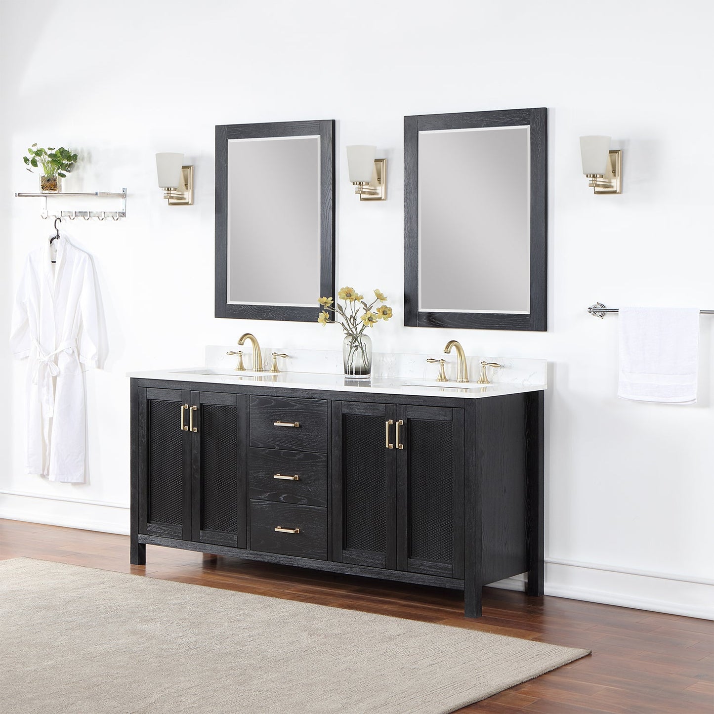 Hadiya 72" Double Bathroom Vanity Set in Black Oak with Aosta White Engineered Stone Countertop with Mirror