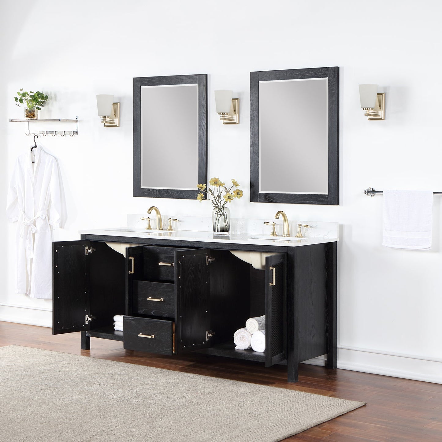 Hadiya 72" Double Bathroom Vanity Set in Black Oak with Aosta White Engineered Stone Countertop with Mirror