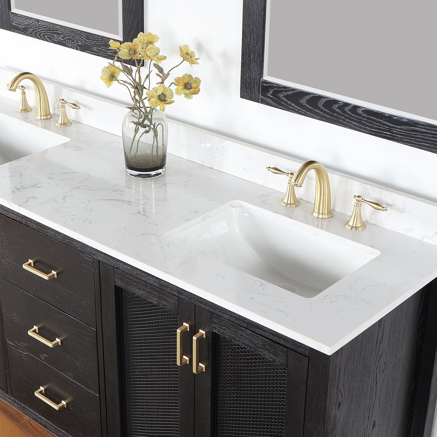 Hadiya 72" Double Bathroom Vanity Set in Black Oak with Aosta White Engineered Stone Countertop with Mirror