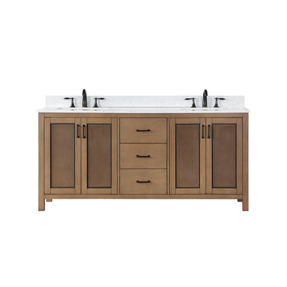 Hadiya 72" Double Bathroom Vanity Set in Brown Pine with Aosta White Engineered Stone Countertop without Mirror