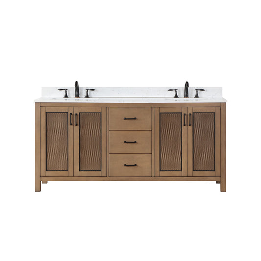 Hadiya 72" Double Bathroom Vanity Set in Brown Pine with Aosta White Engineered Stone Countertop without Mirror