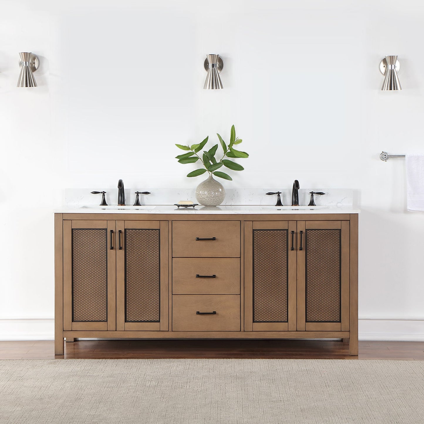 Hadiya 72" Double Bathroom Vanity Set in Brown Pine with Aosta White Engineered Stone Countertop without Mirror