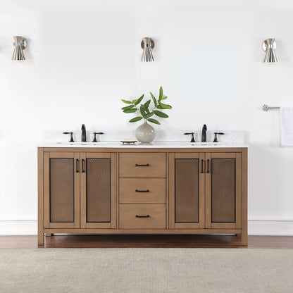 Hadiya 72" Double Bathroom Vanity Set in Brown Pine with Aosta White Engineered Stone Countertop without Mirror