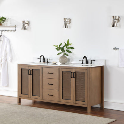 Hadiya 72" Double Bathroom Vanity Set in Brown Pine with Aosta White Engineered Stone Countertop without Mirror