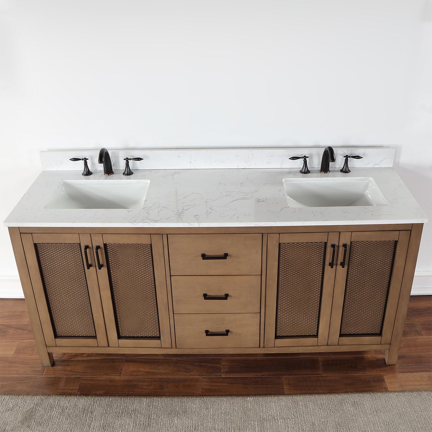 Hadiya 72" Double Bathroom Vanity Set in Brown Pine with Aosta White Engineered Stone Countertop without Mirror