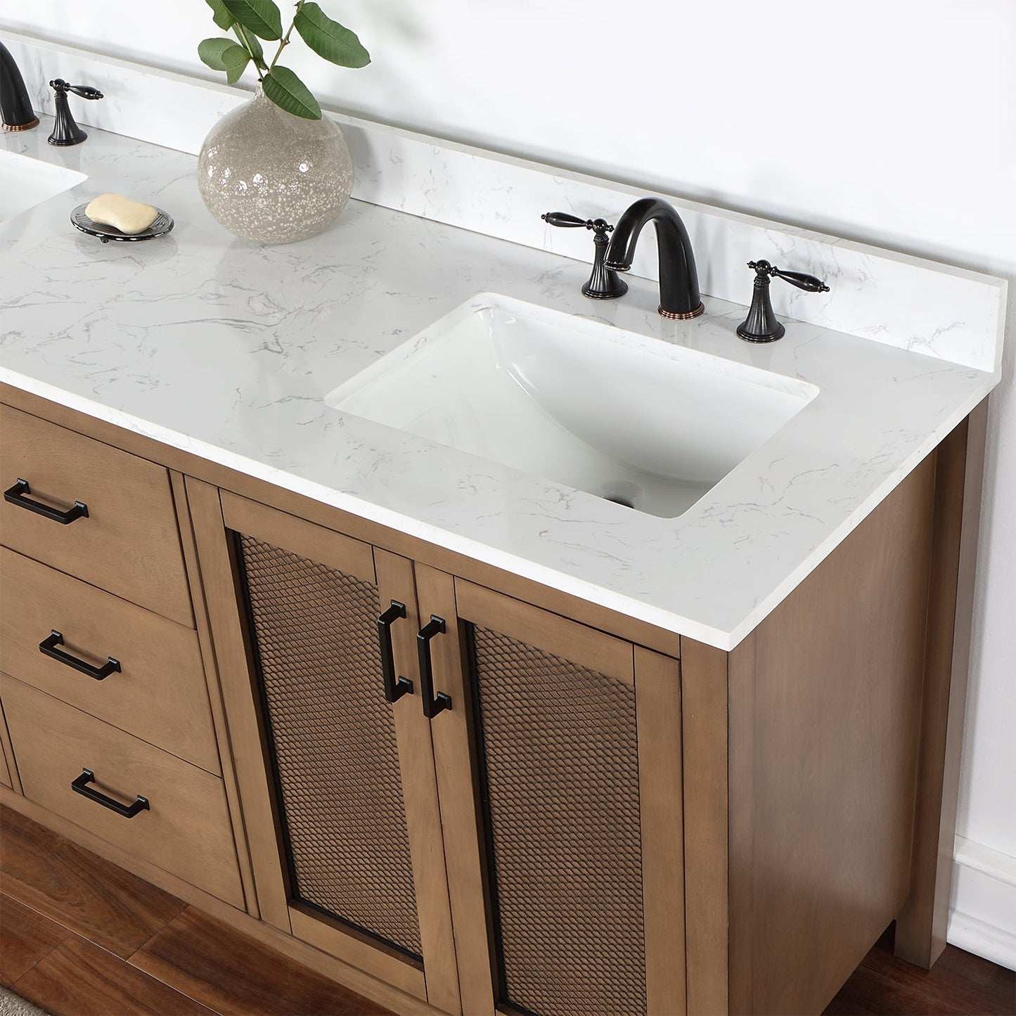 Hadiya 72" Double Bathroom Vanity Set in Brown Pine with Aosta White Engineered Stone Countertop without Mirror