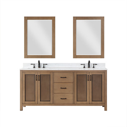 Hadiya 72" Double Bathroom Vanity Set in Brown Pine with Aosta White Engineered Stone Countertop with Mirror