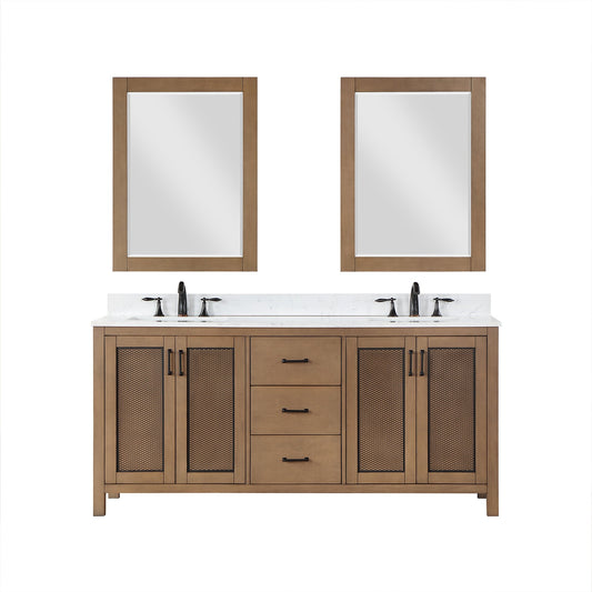 Hadiya 72" Double Bathroom Vanity Set in Brown Pine with Aosta White Engineered Stone Countertop with Mirror