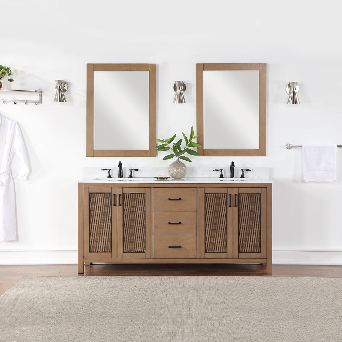 Hadiya 72" Double Bathroom Vanity Set in Brown Pine with Aosta White Engineered Stone Countertop with Mirror