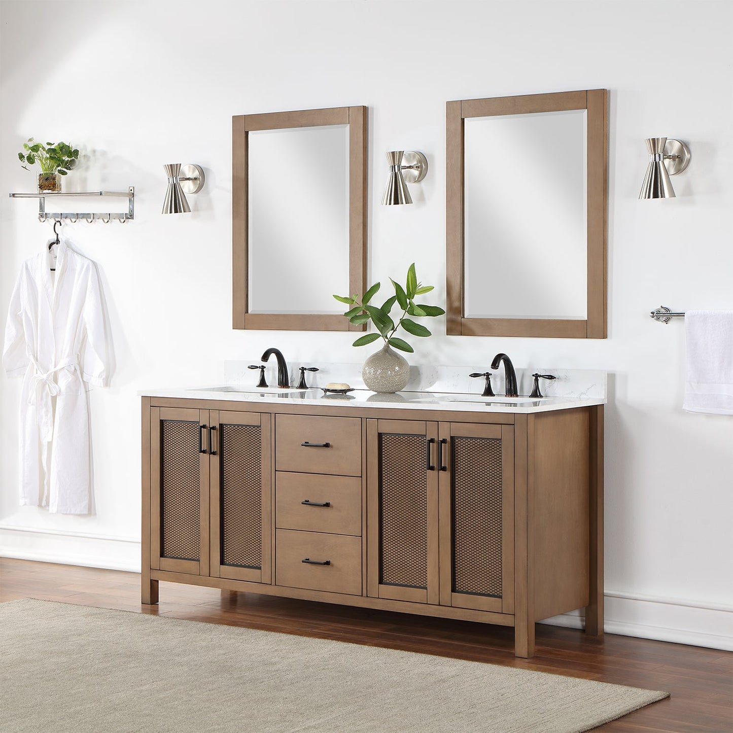 Hadiya 72" Double Bathroom Vanity Set in Brown Pine with Aosta White Engineered Stone Countertop with Mirror
