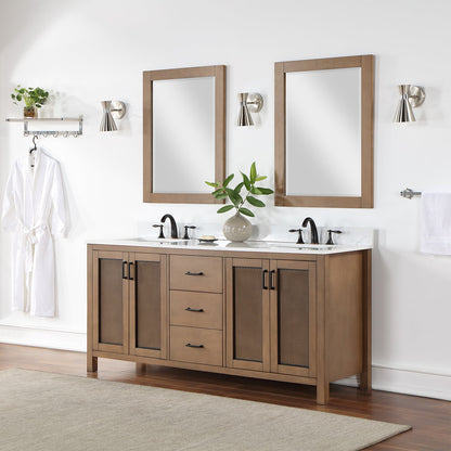 Hadiya 72" Double Bathroom Vanity Set in Brown Pine with Aosta White Engineered Stone Countertop with Mirror